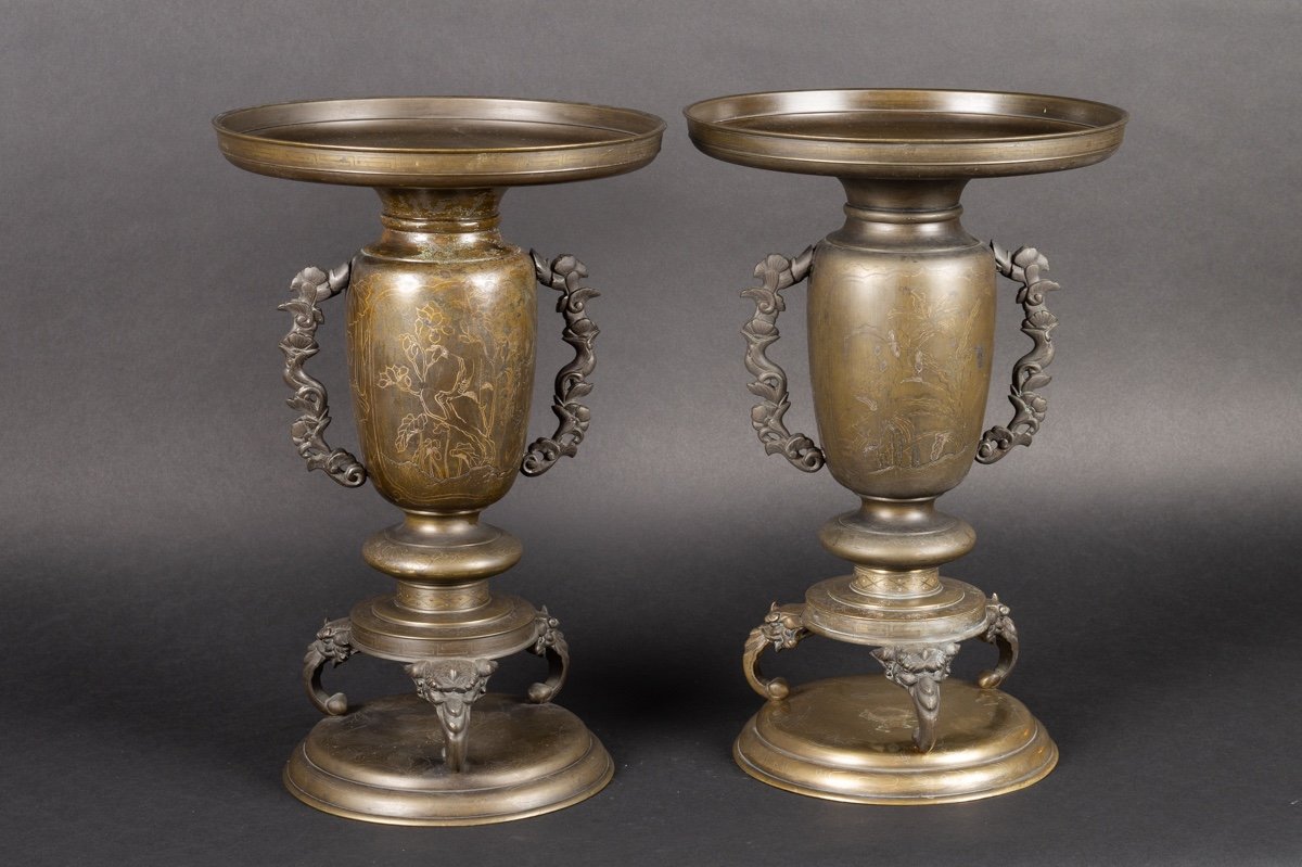 Pair Of Usubata Vases, Bronze - Silver, Japan, Meiji Era (1868-1912).-photo-4