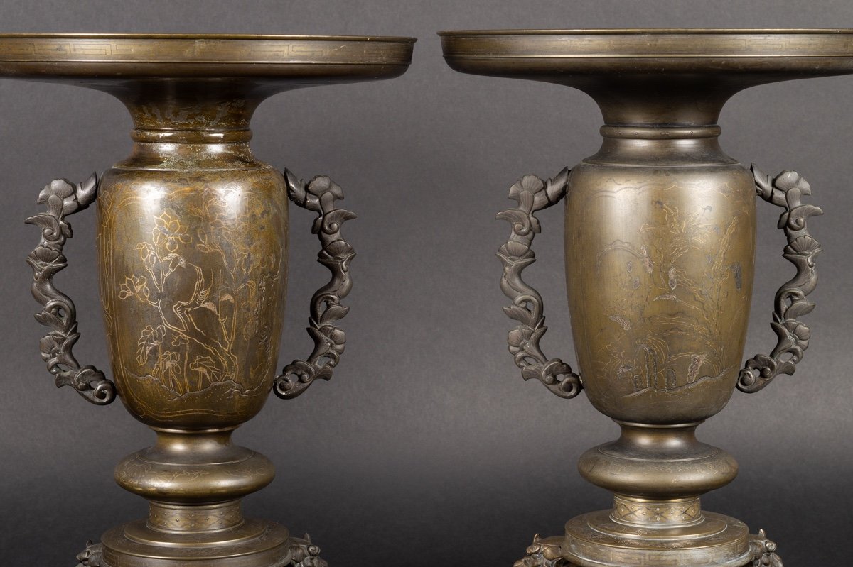 Paire De Vases Usubata, Bronze - Argent, Japon, ère Meiji (1868-1912). -photo-1