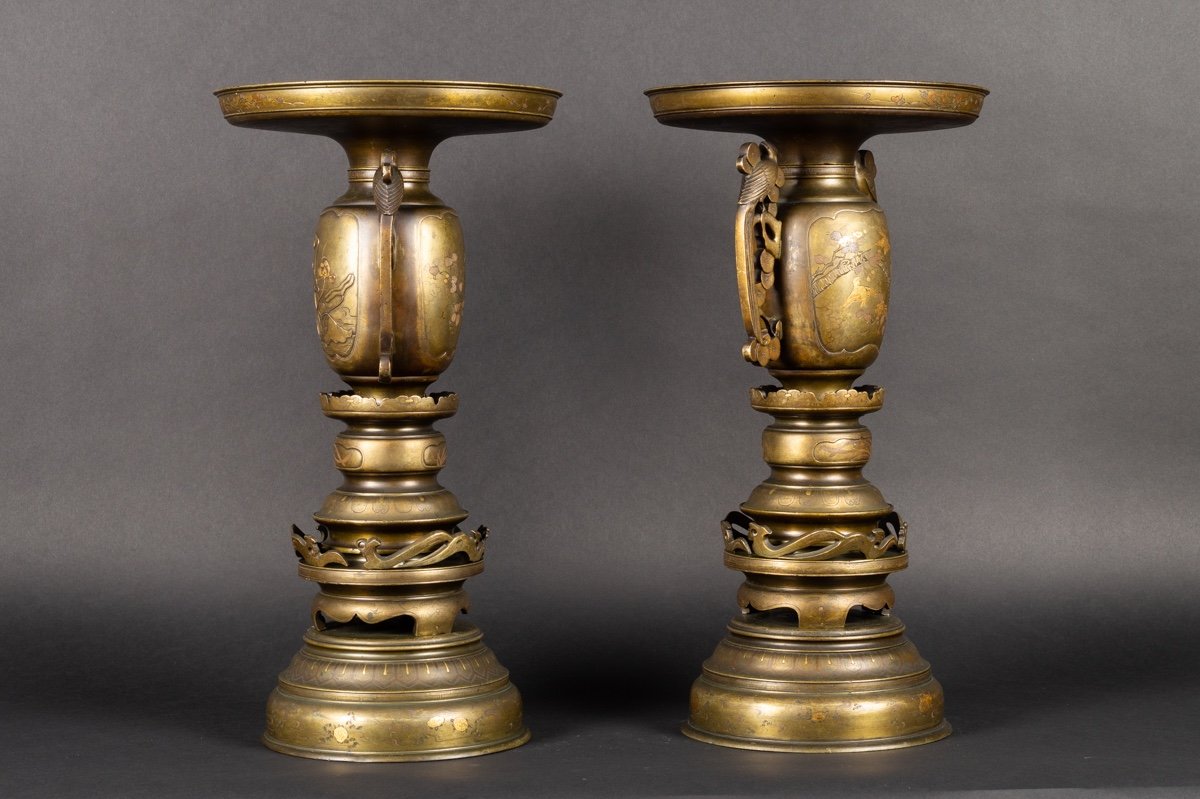 Pair Of Usubata Vases, Bronze - Silver - Gold, Japan, Meiji Era (1868-1912).-photo-2