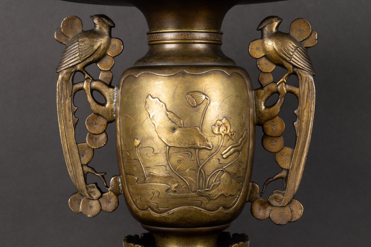 Pair Of Usubata Vases, Bronze - Silver - Gold, Japan, Meiji Era (1868-1912).-photo-4