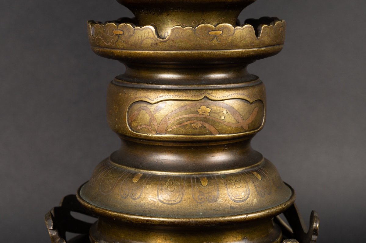 Pair Of Usubata Vases, Bronze - Silver - Gold, Japan, Meiji Era (1868-1912).-photo-1