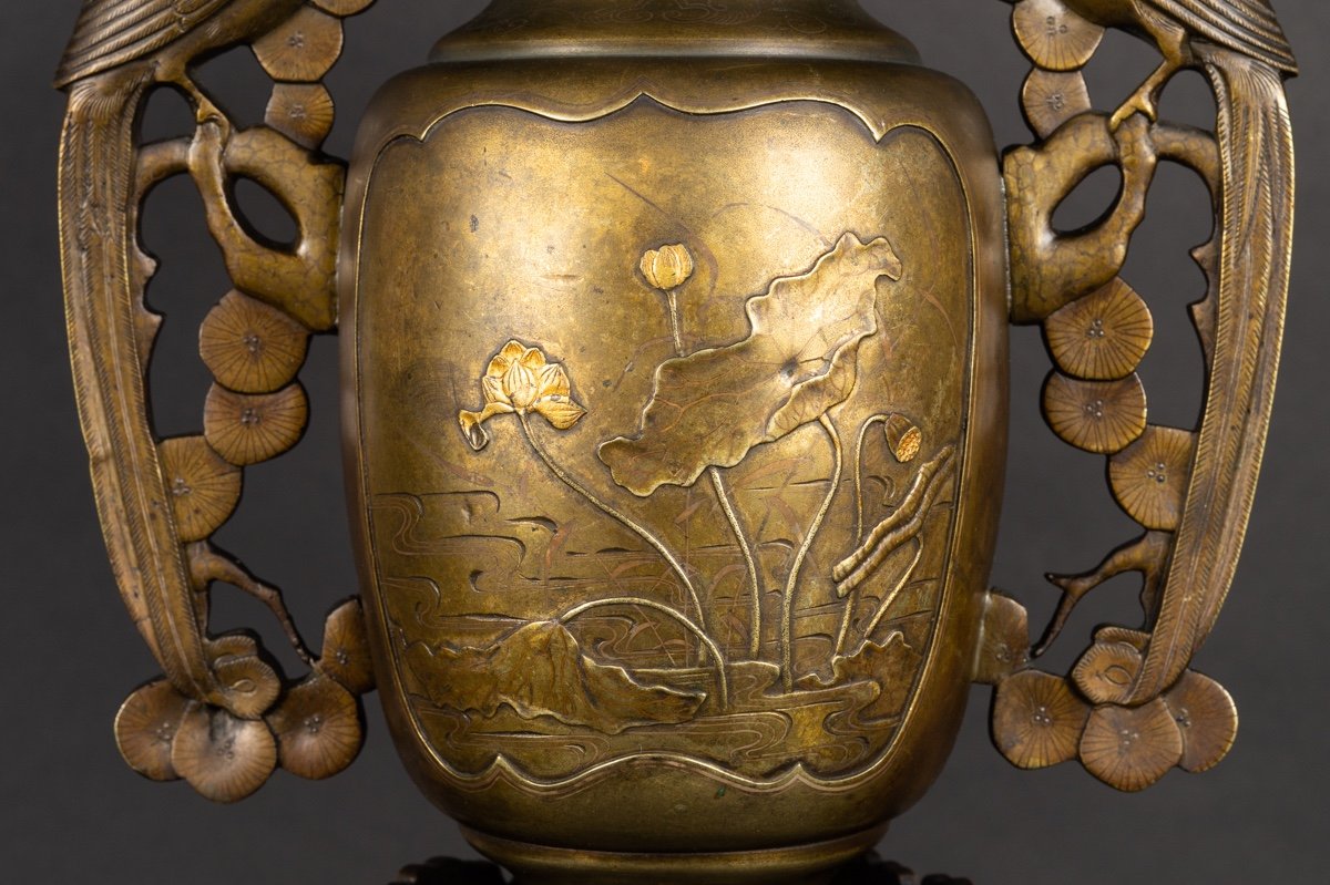 Pair Of Usubata Vases, Bronze - Silver - Gold, Japan, Meiji Era (1868-1912).-photo-2