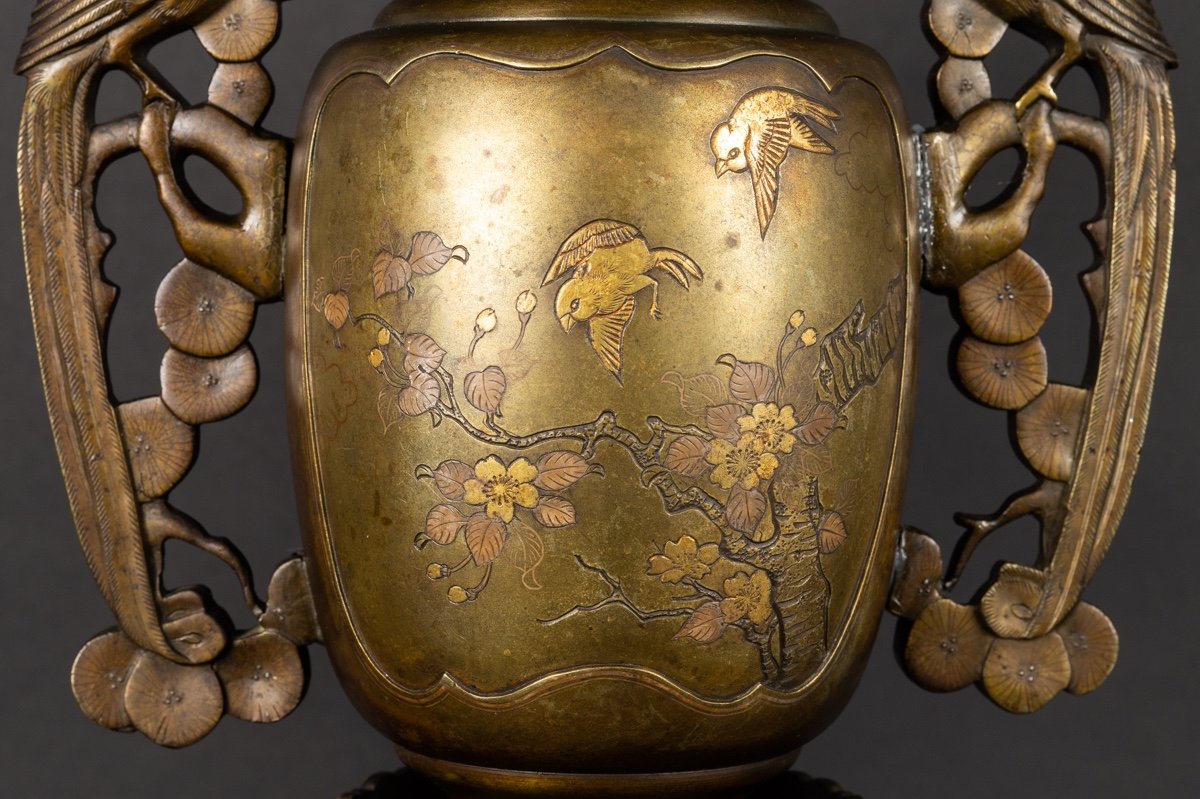 Pair Of Usubata Vases, Bronze - Silver - Gold, Japan, Meiji Era (1868-1912).-photo-5