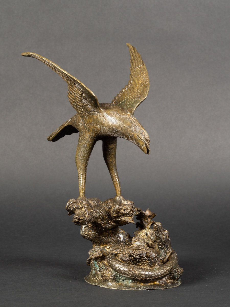 Faucon Et Serpent, Bronze, Japon, ère Meiji/taisho, Début Du XXe Siècle. -photo-3