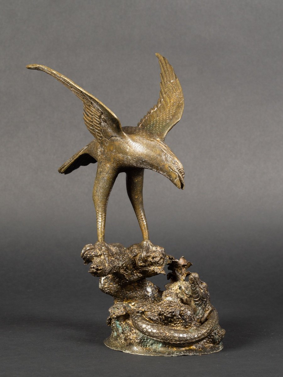 Falcon And Snake, Bronze, Japan, Meiji/taisho Era, Early 20th Century.-photo-3
