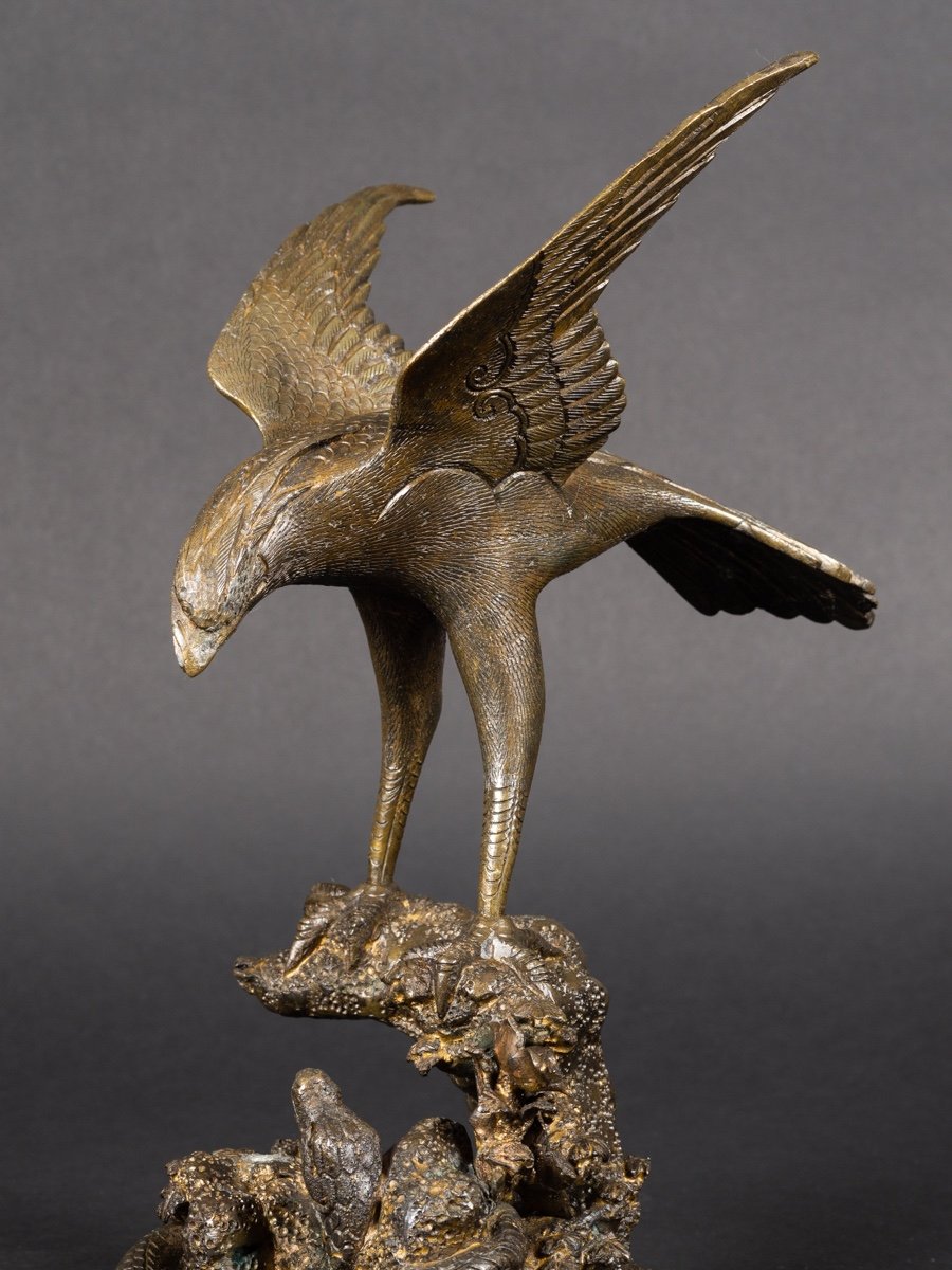 Faucon Et Serpent, Bronze, Japon, ère Meiji/taisho, Début Du XXe Siècle. -photo-1