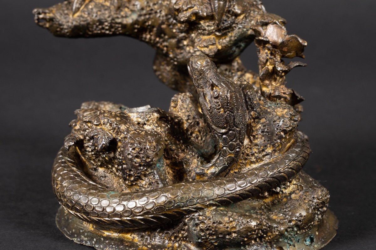 Faucon Et Serpent, Bronze, Japon, ère Meiji/taisho, Début Du XXe Siècle. -photo-7