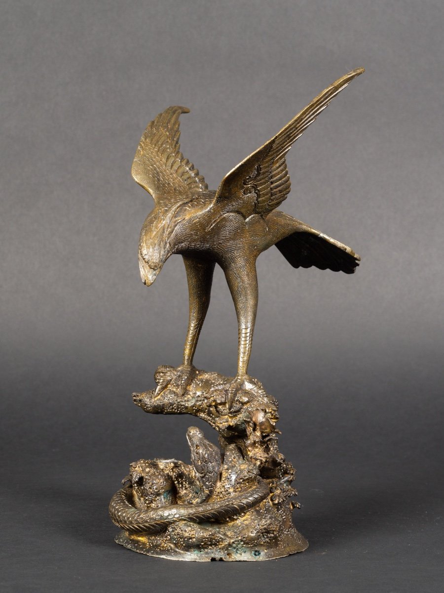 Faucon Et Serpent, Bronze, Japon, ère Meiji/taisho, Début Du XXe Siècle. 