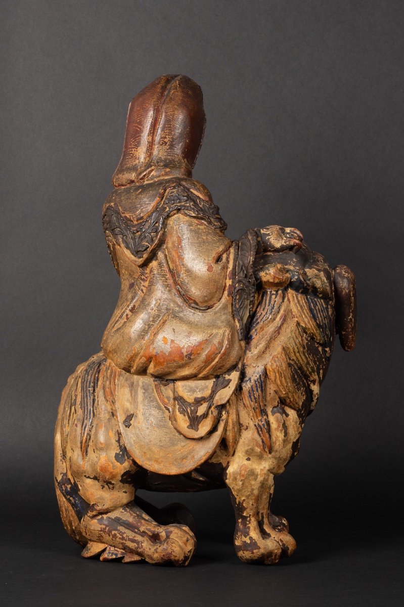 Guanyin Avec Le Chien Fo, Chine, Dynastie Qing, XVIIe-XVIIIe Siècle, Bois Polychrome. -photo-4