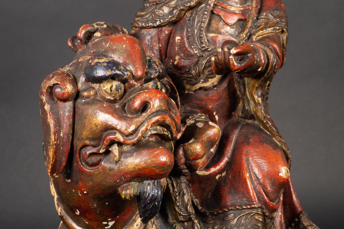 Guanyin Avec Le Chien Fo, Chine, Dynastie Qing, XVIIe-XVIIIe Siècle, Bois Polychrome. -photo-7