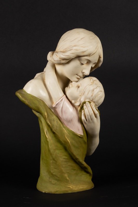 Buste De Mère et d'Enfant, Art Nouveau, Royal Dux Bohemia, Vers 1900. -photo-2
