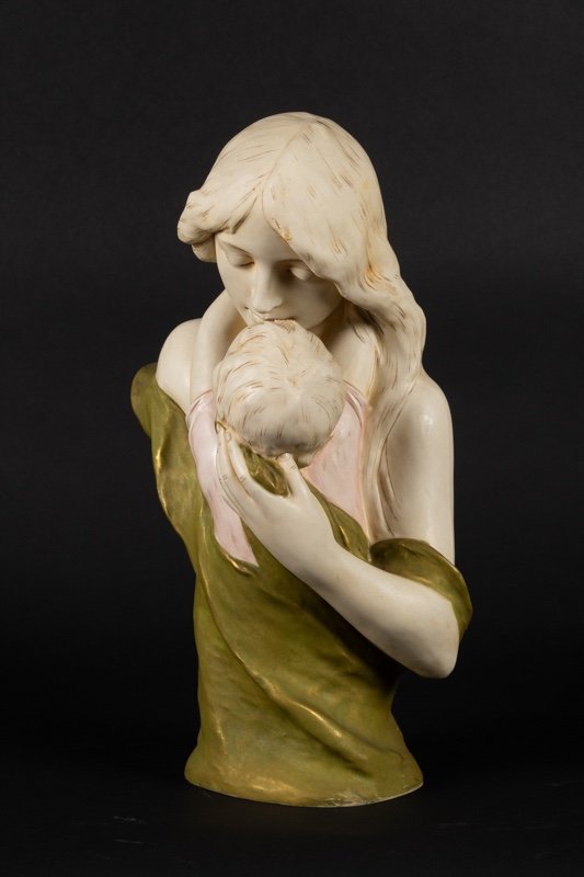 Buste De Mère et d'Enfant, Art Nouveau, Royal Dux Bohemia, Vers 1900. -photo-3