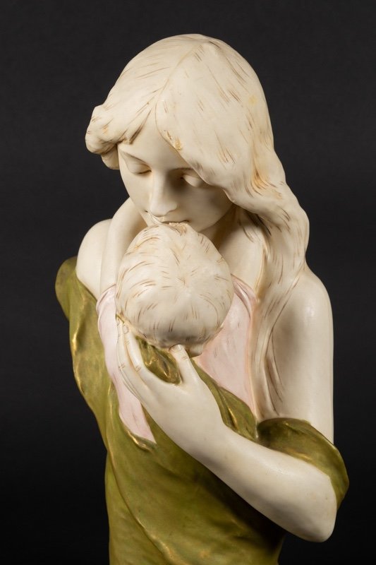 Buste De Mère et d'Enfant, Art Nouveau, Royal Dux Bohemia, Vers 1900. -photo-4