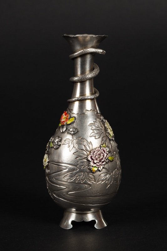 Vase Avec Serpent, Argent, émail Cloisonné, Japon, ère Meiji (1868-1912).-photo-2