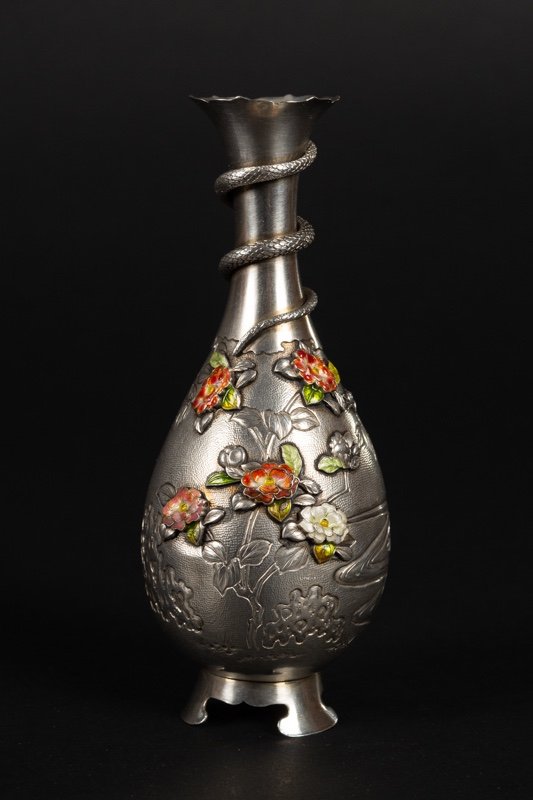 Vase Avec Serpent, Argent, émail Cloisonné, Japon, ère Meiji (1868-1912).-photo-3