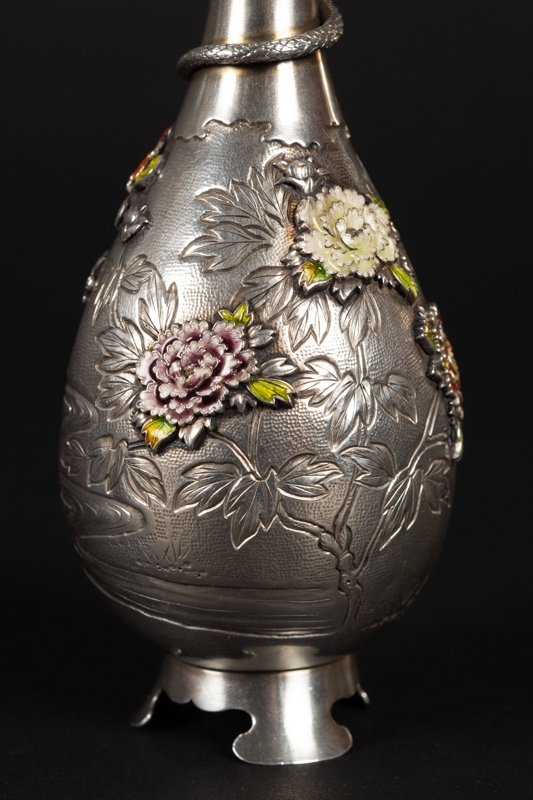 Vase Avec Serpent, Argent, émail Cloisonné, Japon, ère Meiji (1868-1912).-photo-2