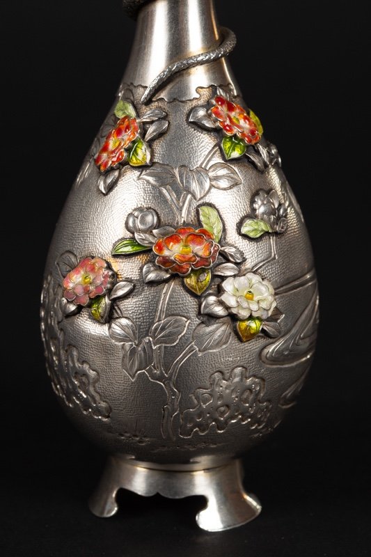 Vase Avec Serpent, Argent, émail Cloisonné, Japon, ère Meiji (1868-1912).-photo-3
