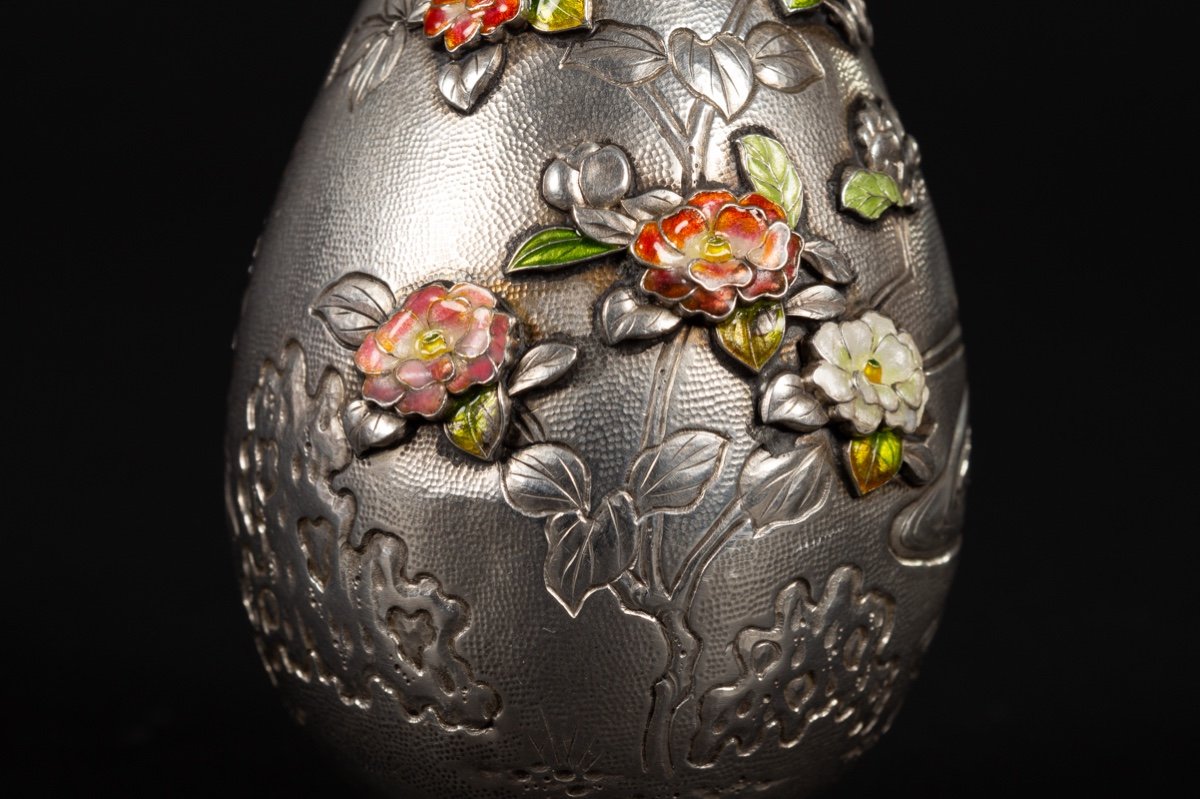 Vase Avec Serpent, Argent, émail Cloisonné, Japon, ère Meiji (1868-1912).-photo-6