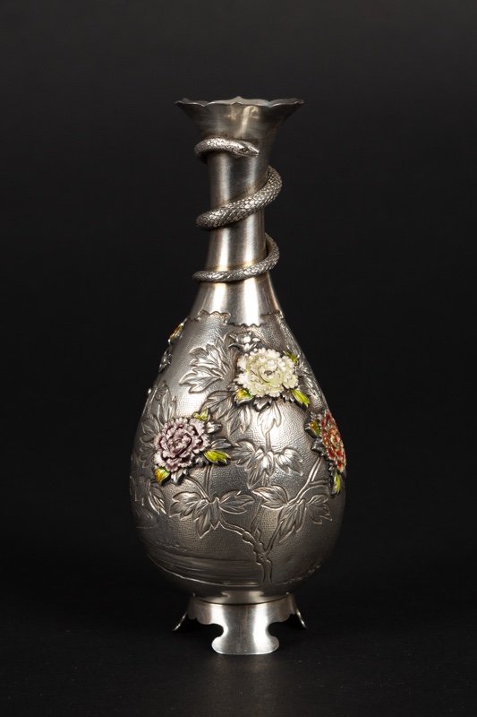 Vase Avec Serpent, Argent, émail Cloisonné, Japon, ère Meiji (1868-1912).