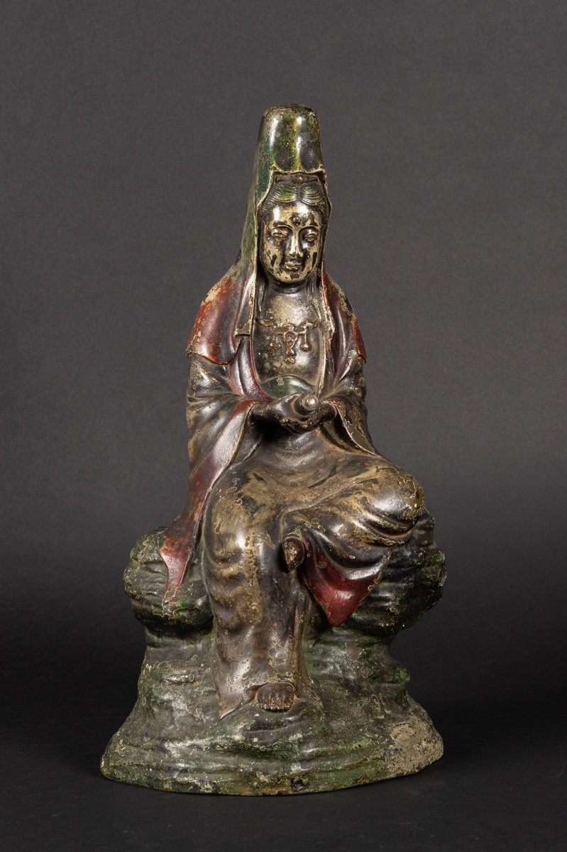 Kannon Assis, Bronze, Japon, époque Edo/meiji, XIXe Siècle. -photo-2