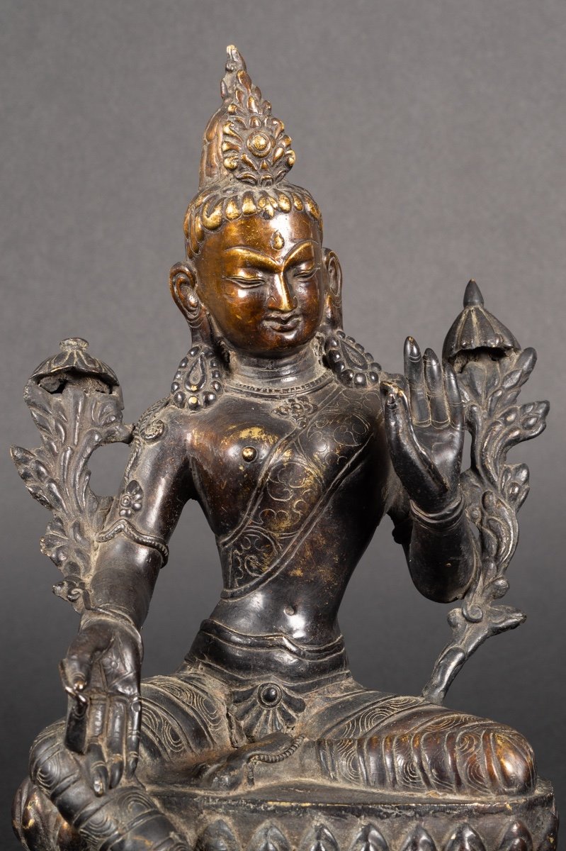 Tara Verte, Bronze Patiné, Tibet/népal, XIXe/XXe Siècle. -photo-2