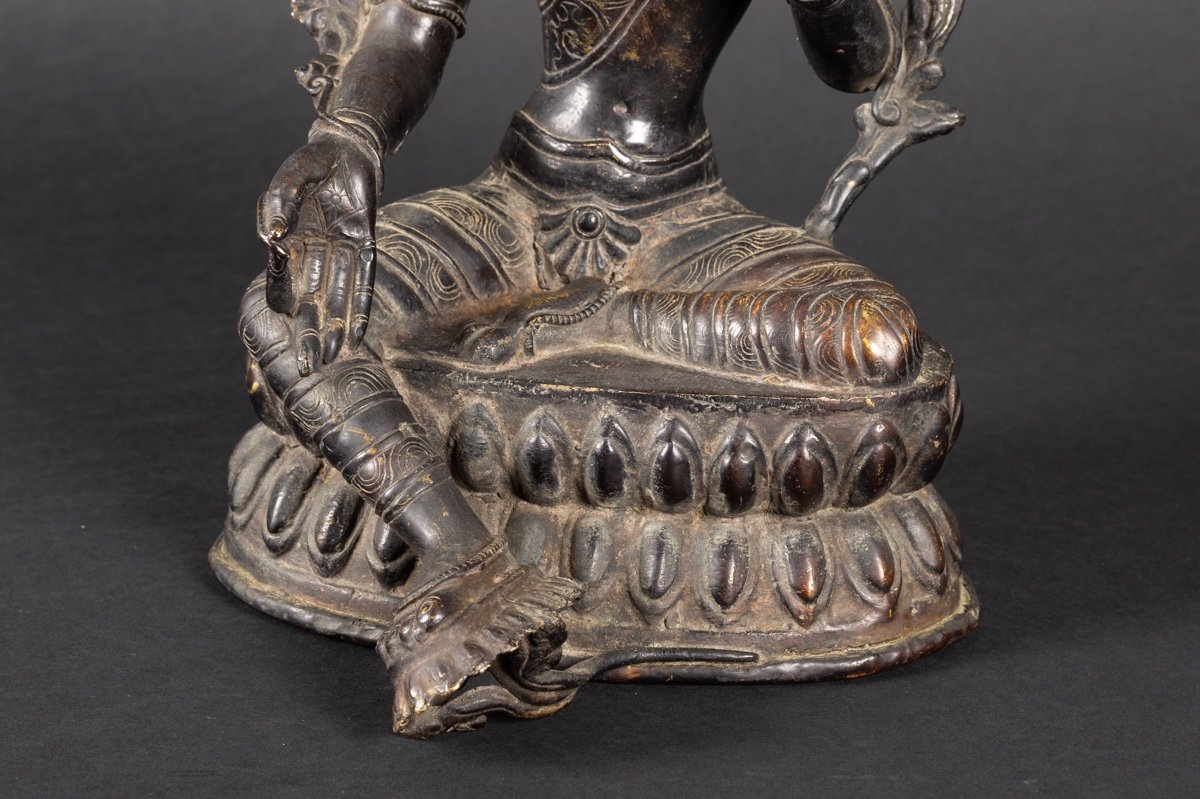 Tara Verte, Bronze Patiné, Tibet/népal, XIXe/XXe Siècle. -photo-3