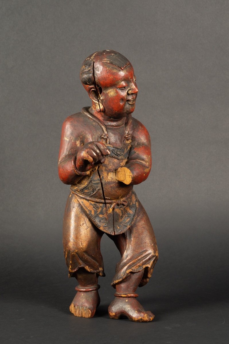 Danseur, Bois Polychrome, Chine, Dynastie Qing (1644-1912). -photo-3