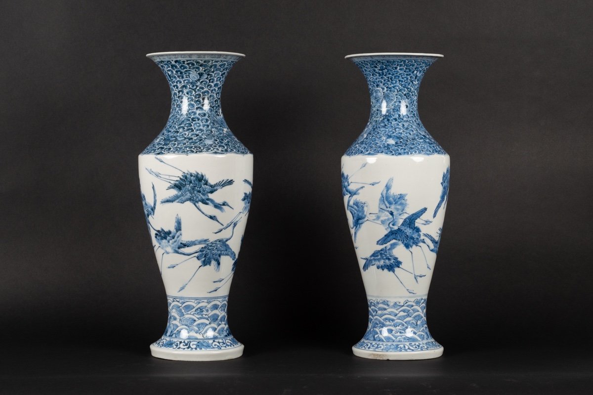 Paire De Vases Avec Grues Et Dragons, Arita, Japon, ère Meiji (1868-1912).  -photo-4