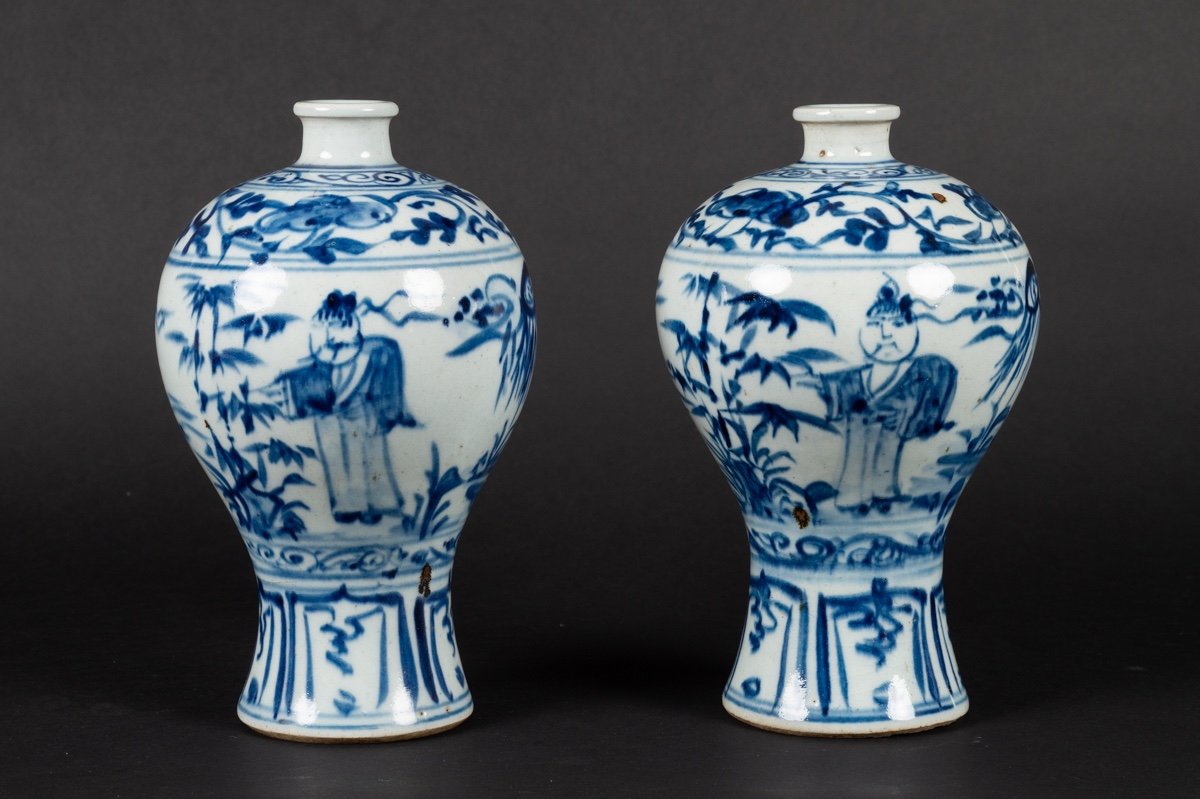 Paire De Vases Bleu Et Blanc, Chine, Dynastie Qing (1644-1912)