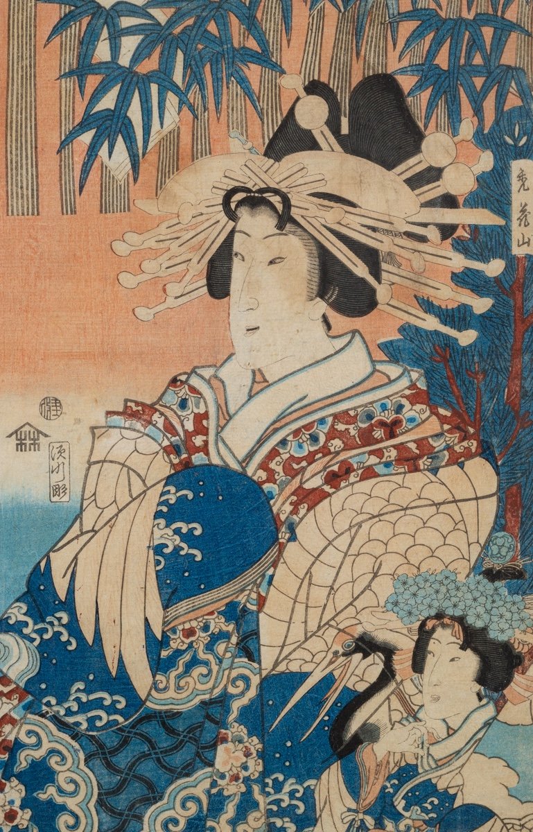 Couple Bijin, Estampe Ukiyo-e, Japon, époque d'Edo, XIXe Siècle. -photo-3