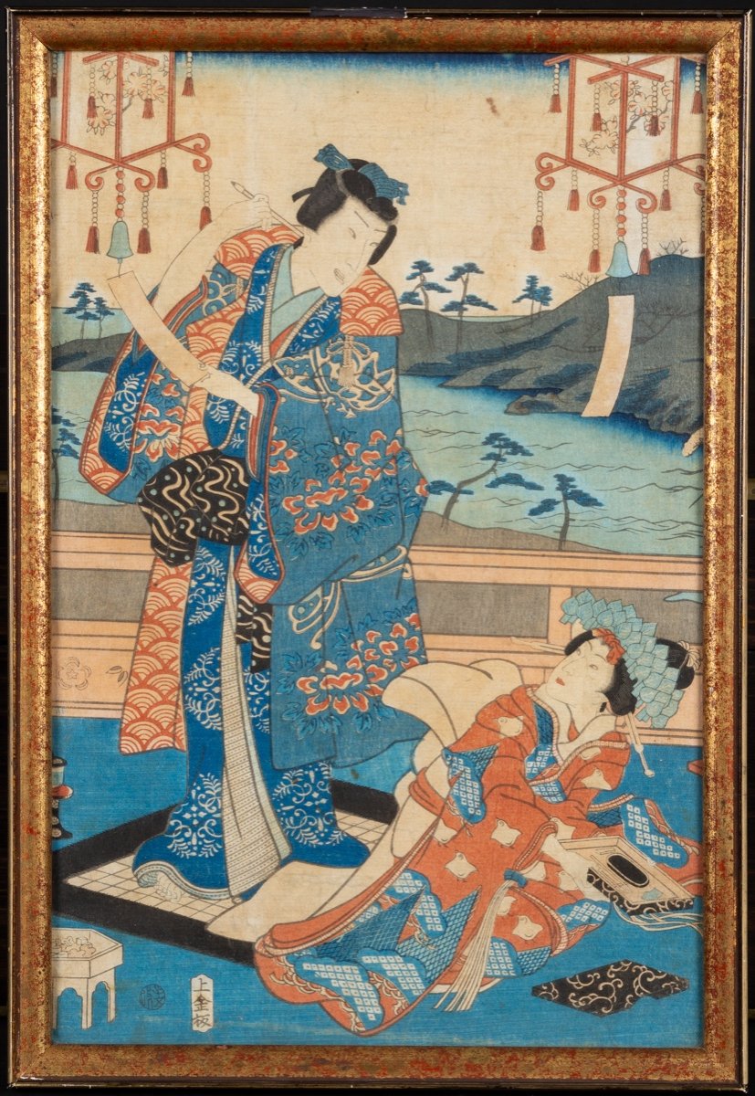 Couple Au Bord De La Mer, Estampe Ukiyo-e, Japon, époque d'Edo, XIXe Siècle. 