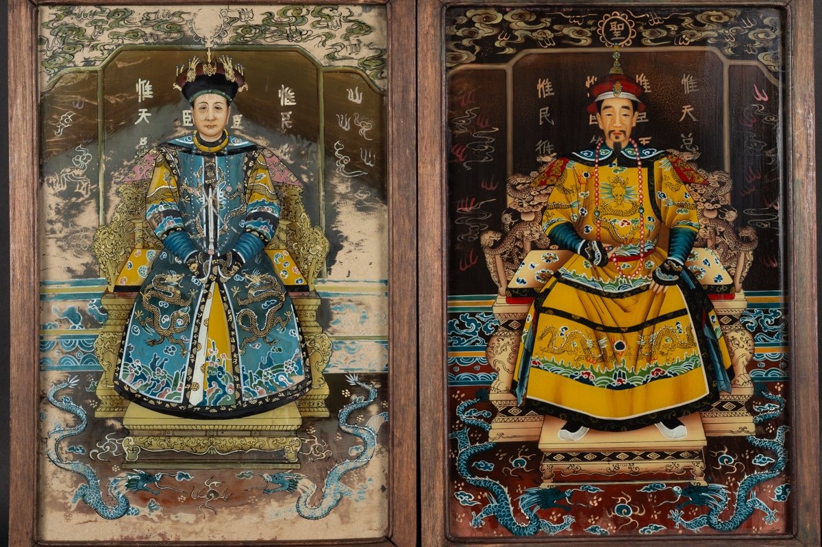 Couple Impérial, Peintures Inversées Sur Verre, Chine, XIXe/XXe Siècle. -photo-2
