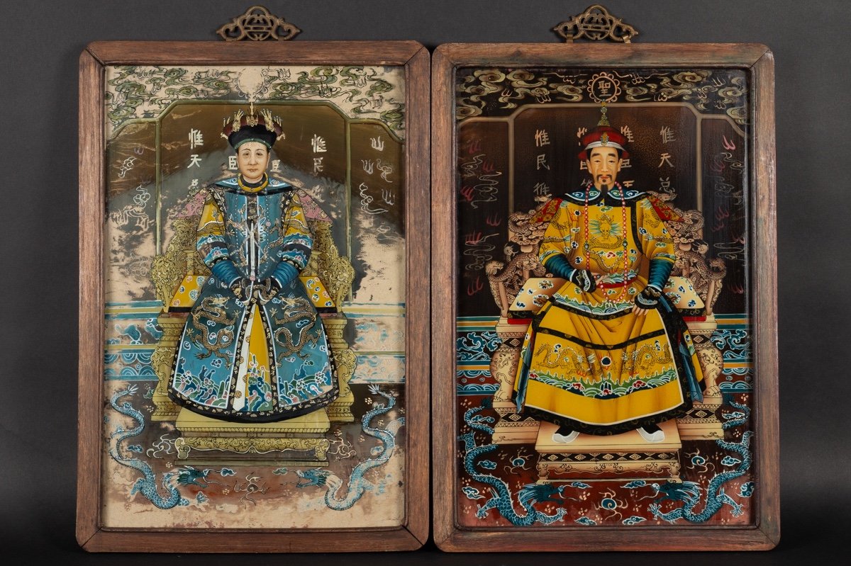 Couple Impérial, Peintures Inversées Sur Verre, Chine, XIXe/XXe Siècle. 