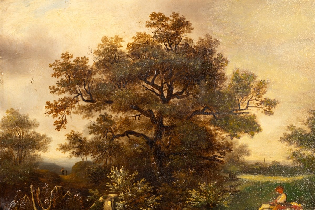Paysage Avec Randonneurs, Huile Sur Toile, 19ème Siècle. -photo-3