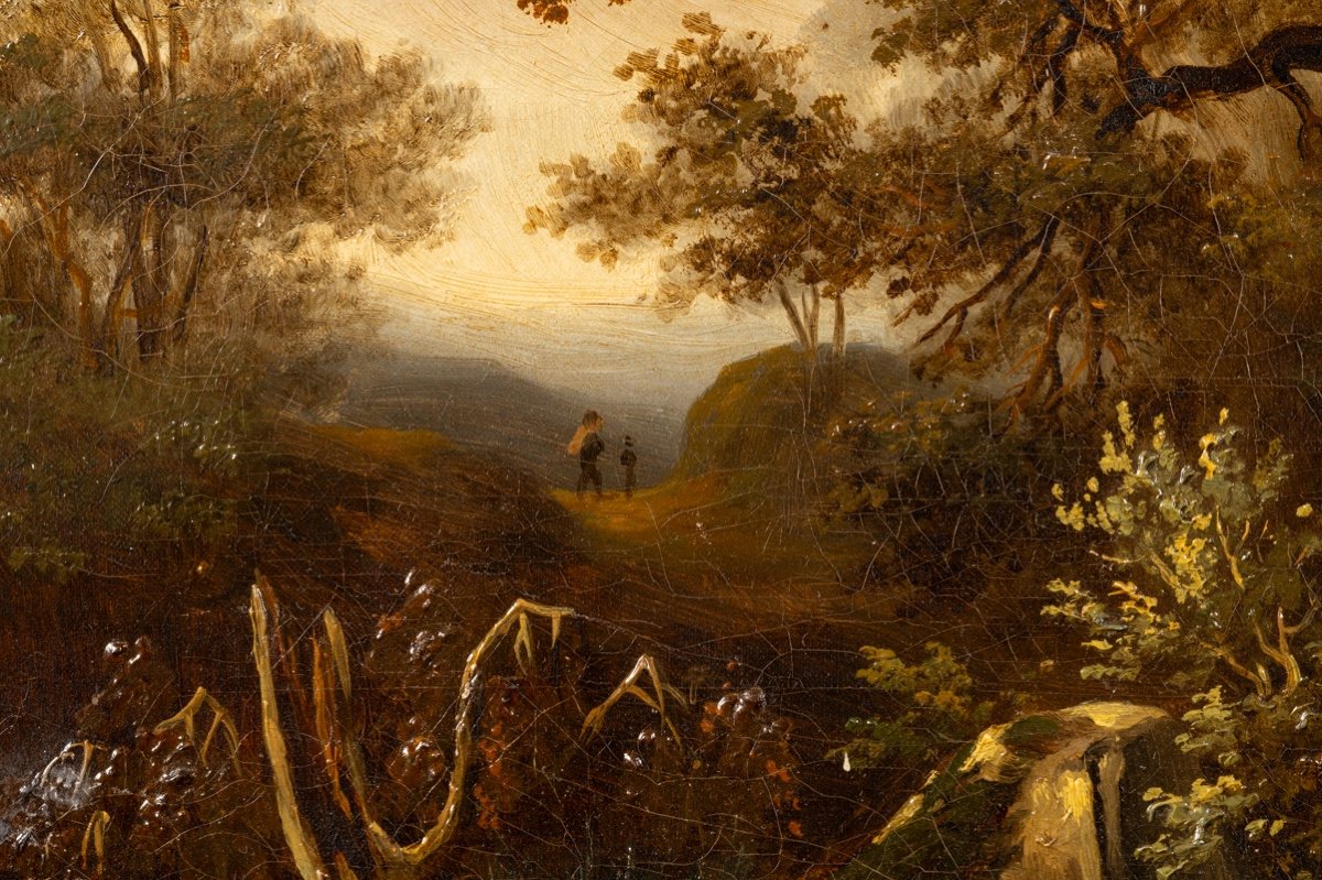 Paysage Avec Randonneurs, Huile Sur Toile, 19ème Siècle. -photo-3