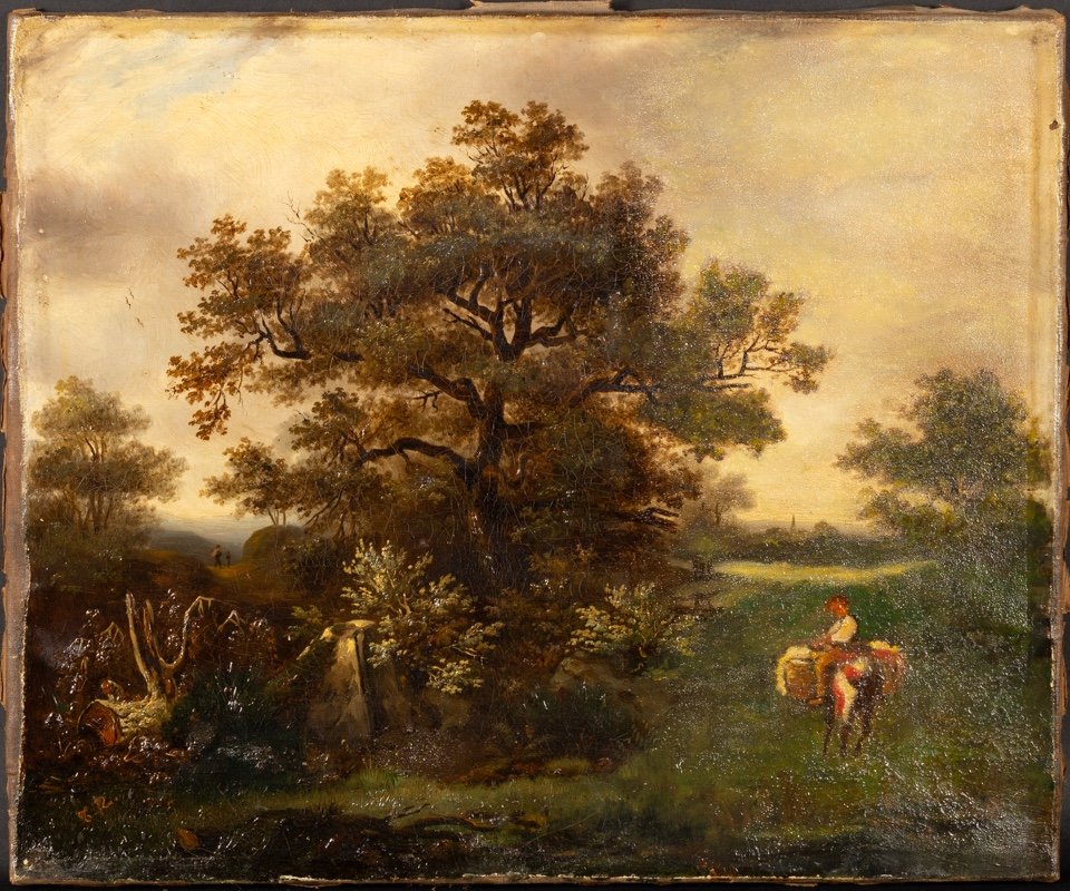 Paysage Avec Randonneurs, Huile Sur Toile, 19ème Siècle. 