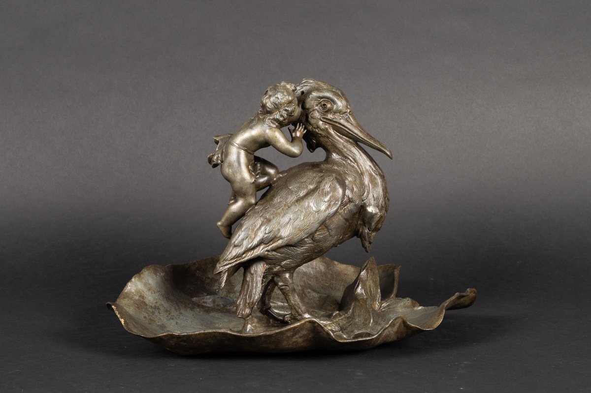 Garçon Avec Pélican, Alfred Jean Foretay (1861-1944), étain, Art Nouveau, Vers 1900. -photo-2