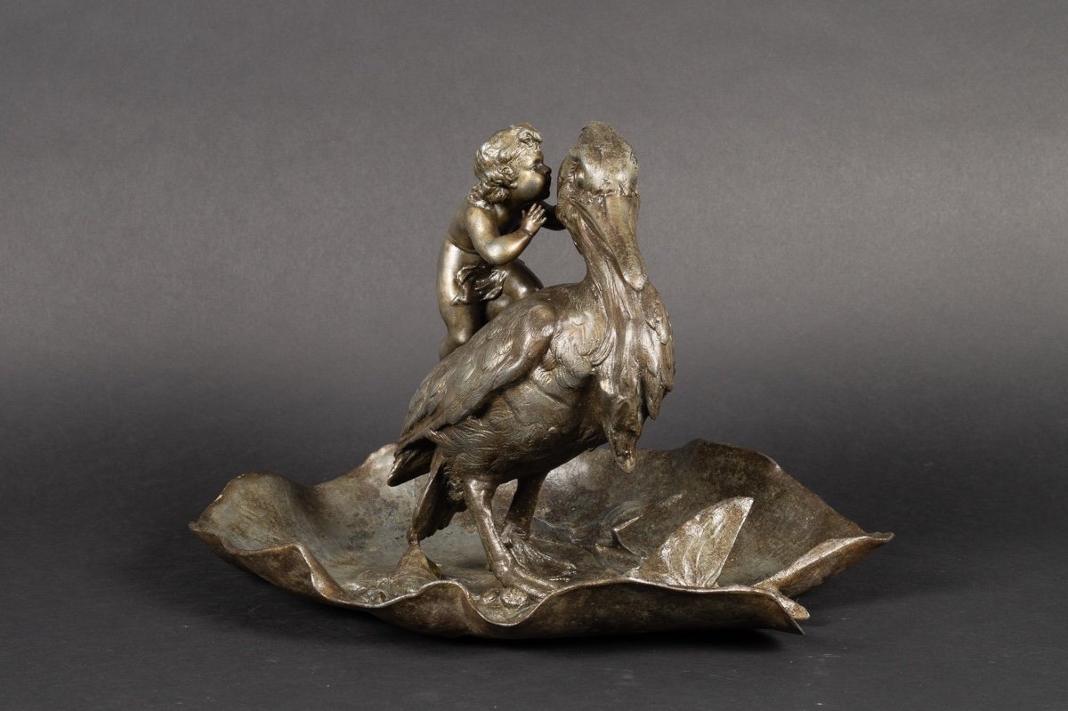 Garçon Avec Pélican, Alfred Jean Foretay (1861-1944), étain, Art Nouveau, Vers 1900. -photo-3