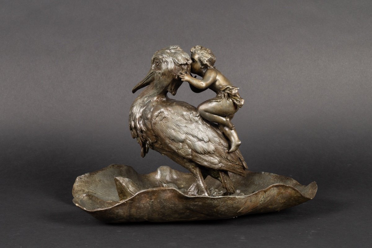 Garçon Avec Pélican, Alfred Jean Foretay (1861-1944), étain, Art Nouveau, Vers 1900. -photo-4
