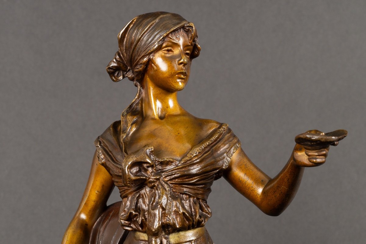 Femme à La Mandoline, Emmanuel Villanis (1858-1914), Bronze, Art Nouveau, Vers 1900. -photo-3