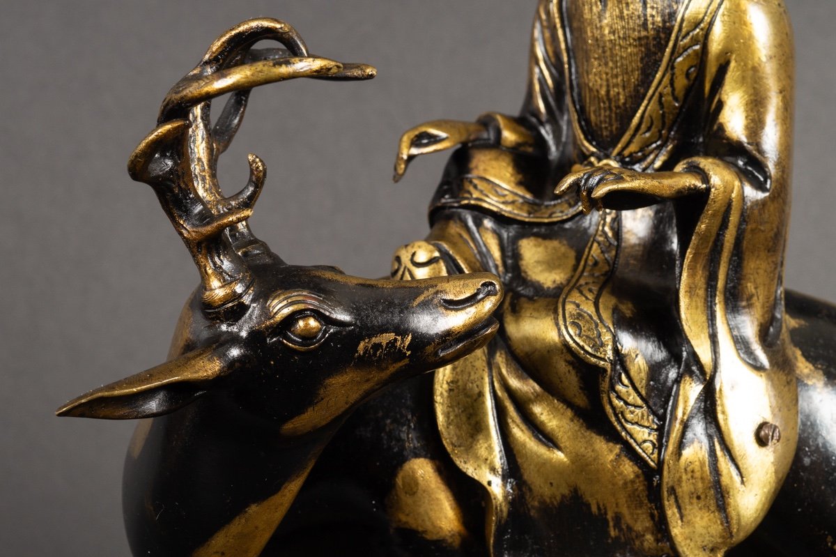 Shoulao Sur Un Cerf, Bronze, Chine, Dynastie Qing, XIXe Siècle.  -photo-5