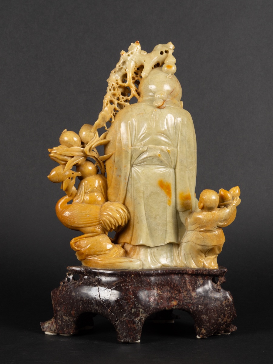 Shoulao With Children, China, Steatite, Early 20th Century. -photo-4