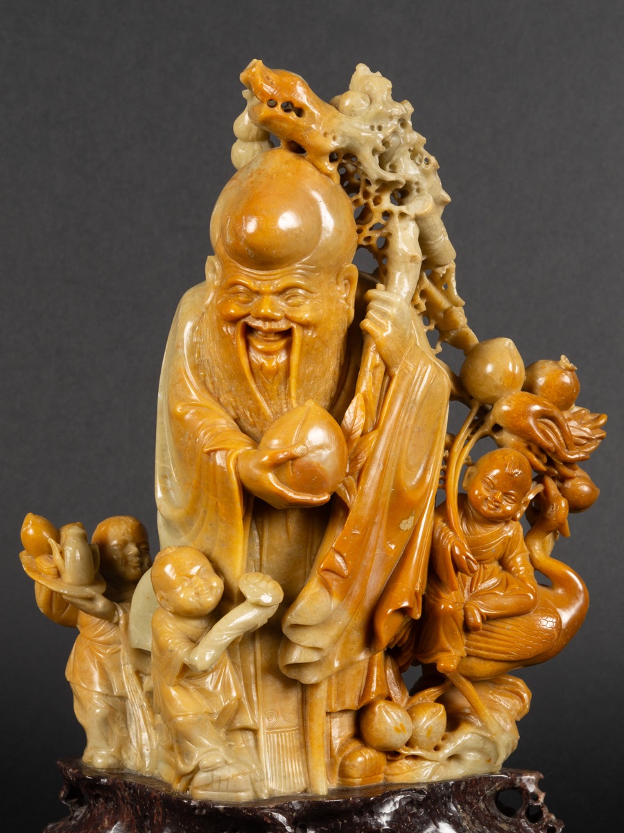 Shoulao With Children, China, Steatite, Early 20th Century. -photo-2