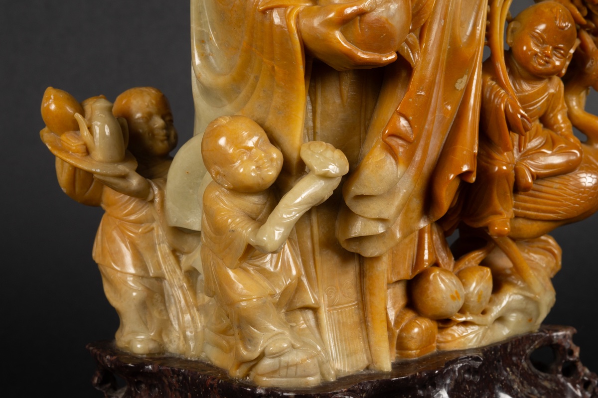 Shoulao With Children, China, Steatite, Early 20th Century. -photo-5
