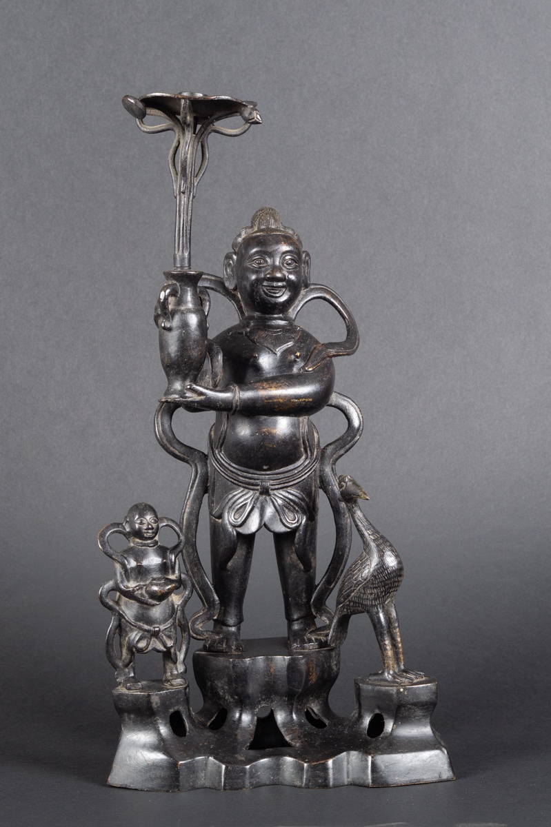 Groupe De Personnages Avec Oiseau - Bougeoir, Bronze, Chine/Vietnam, XIXe Siècle.   -photo-2