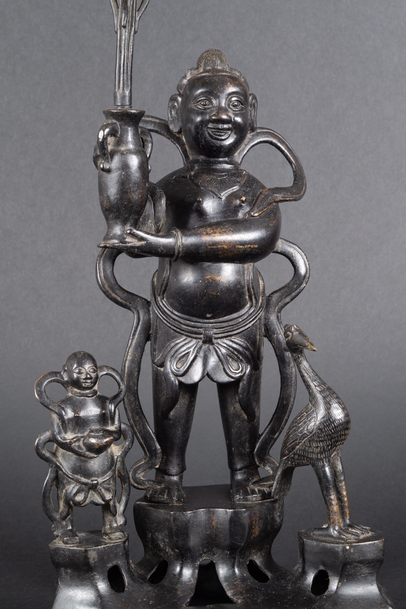 Groupe De Personnages Avec Oiseau - Bougeoir, Bronze, Chine/Vietnam, XIXe Siècle.   -photo-2