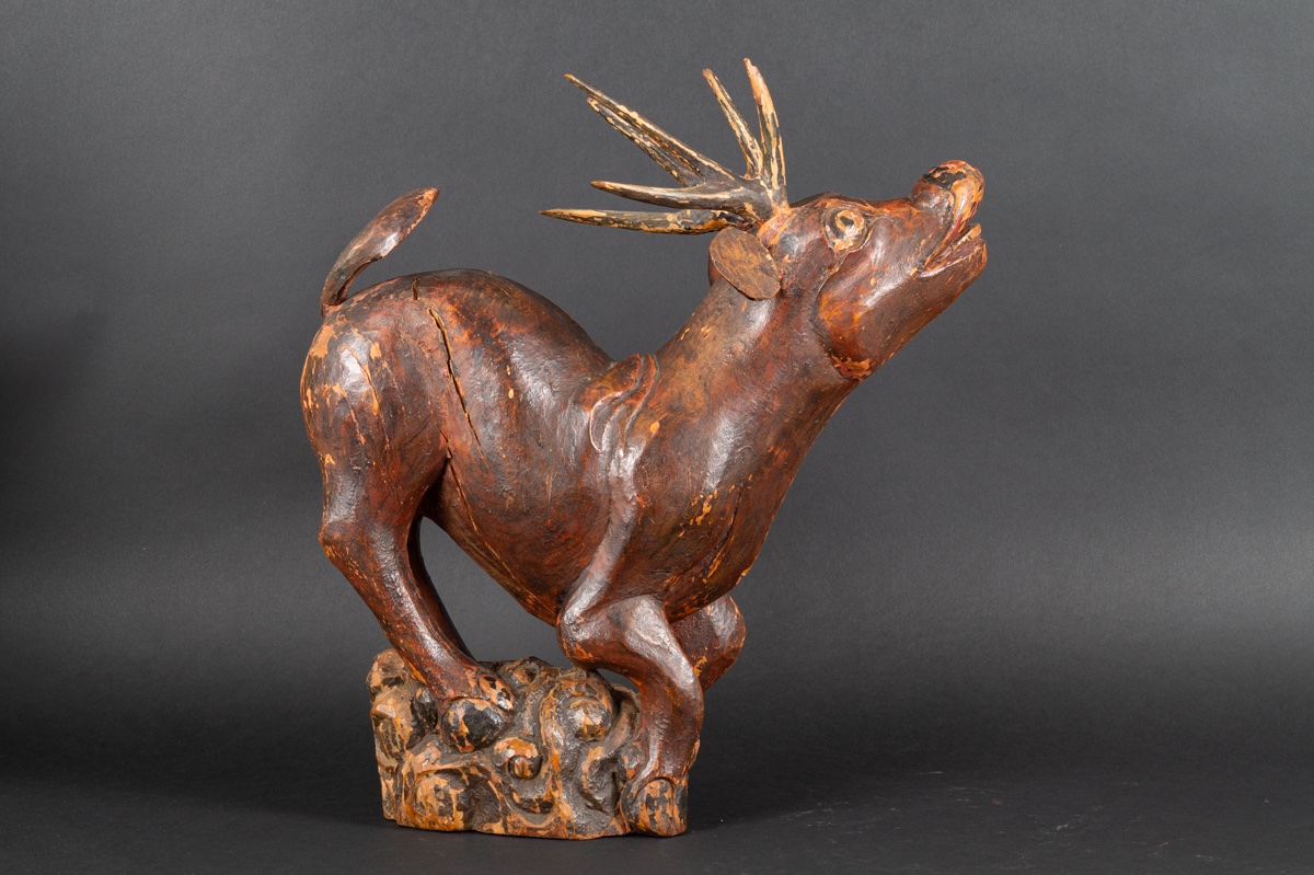 Cerf, Bois Polychrome, Chine, Dynastie Qing (1644-1912).   -photo-4