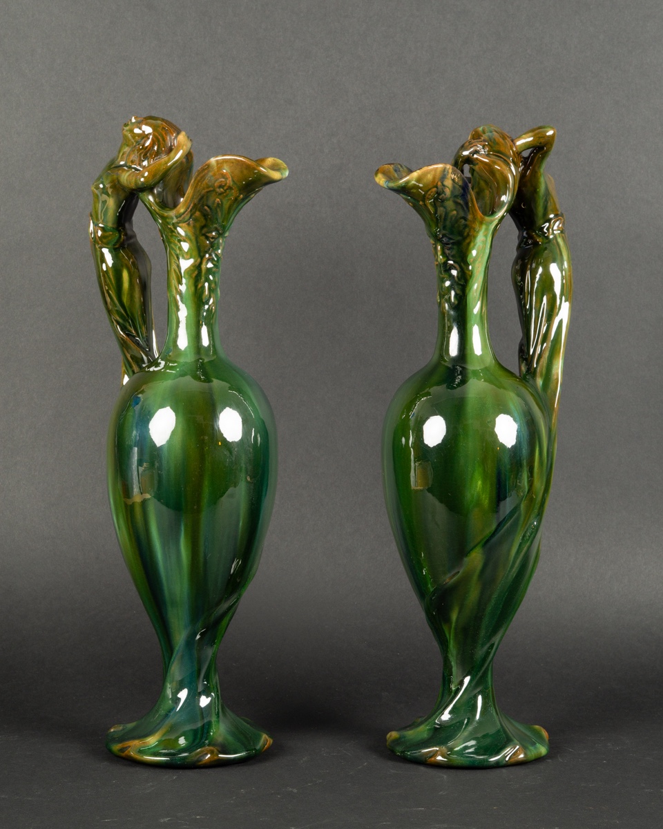 Pair Of Jérôme Massier Jugs, Vallauris, Art Nouveau, Circa 1900.-photo-2