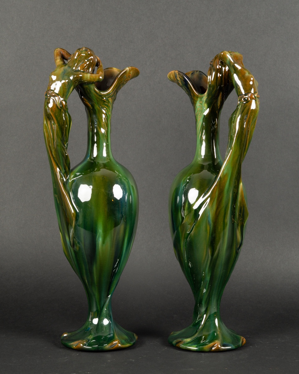 Pair Of Jérôme Massier Jugs, Vallauris, Art Nouveau, Circa 1900.-photo-3