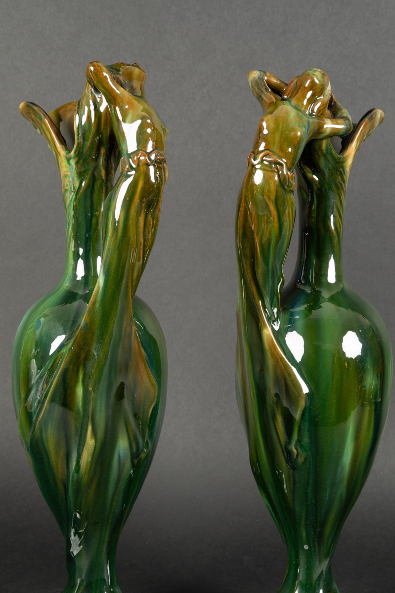 Pair Of Jérôme Massier Jugs, Vallauris, Art Nouveau, Circa 1900.-photo-4